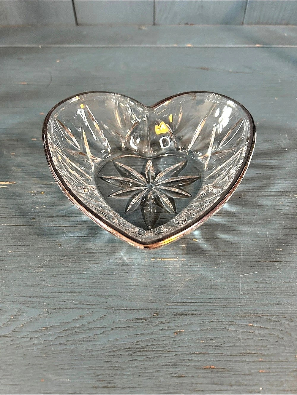 Crystal Clear Glass Decorative Heart Bowl with Silver Trim - Excellent Condition